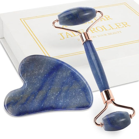 Jade Roller for Face, Facial Roller Massager Skin Care Tool, Gua Sha Facial Tools for Face, Neck, Eyes, Reduce Puffiness of The Skin(Blue)-GlimoraGlow