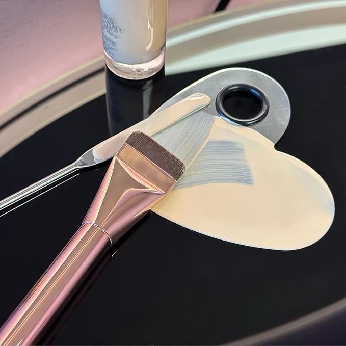 Makeup Brush Set - Flat Foundation Brush, Blender Sponge, Face Spatula, Puff & Heart-Shaped Mixing Palette with Leather Case – Complete Face Makeup Tool Kit for Blending, Foundation & Application-GlimoraGlow