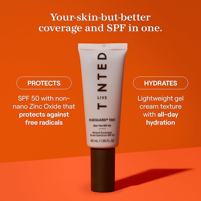 Live Tinted Hueguard Skin Tint SPF 50 - Tinted Mineral Sunscreen with Light-Medium Buildable Coverage With a Hydrating and Radiant Finish - Water and Sweat Resistant, 1.35 fl oz - Shade 05-GlimoraGlow