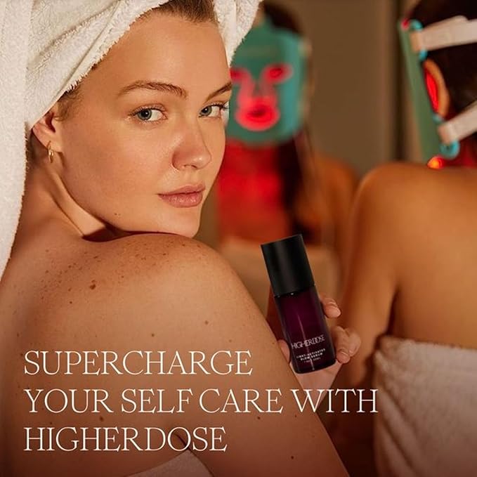 HigherDOSE Light-Activated GLOW SERUM - Anti Aging Face Serum to Plump, Hydrate & Smooth Fine Lines - Made with Vitamin C, Copper Peptides & Hyaluronic Acid - Boosts Benefits of Red Light (1 oz)-GlimoraGlow