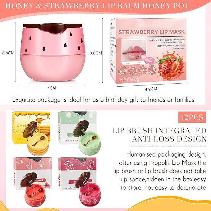 12 Pcs Bee Lip Balm Honey Pot with Brush Propolis Lip Mask Overnight, Moisturizing Hydrating Lip Sleeping Mask Prevention Dry and Cracked(Honey+Strawberry+Watermelon+Apple Lime+Cherry)-GlimoraGlow