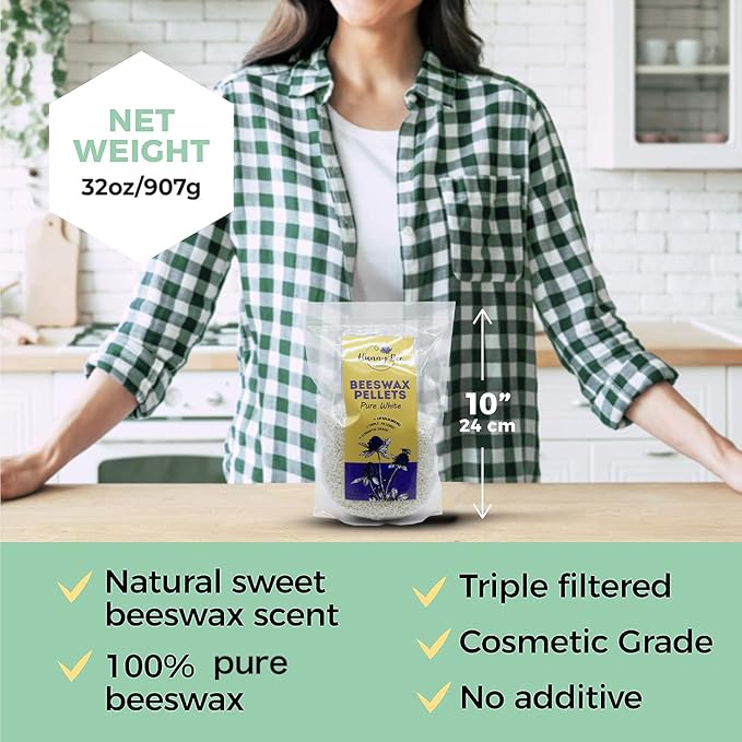 HUNNYBEE Beeswax Pellets 2LB, 100% Pure Bees Wax for DIY Candles, Skin, Body Cream, Face, and Hair Care, Lotions Deodorant, Lip Balm and Soap Making (Yellow, 2 lbs)-GlimoraGlow