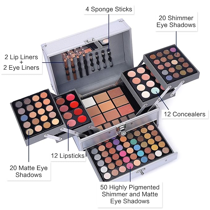 132 Color All In One Makeup Gift Set Kit- Includes 94 Eyeshadow, 12 Lip Gloss, 12 Concealer, 5 Eyebrow powder, 3 Face Powder, 3 Blush, 3 Contour Shade, 2 Lip Liners, 2 Eye Liners, 4 Eyeshadow Brush-GlimoraGlow