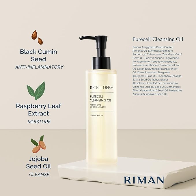 Riman Incellderm Purecell Cleansing Oil | 4.9 fl oz | Gentle Makeup Remover and Hydrating Cleanser | Lightweight and Non-Comedogenic | Suitable for Various Skin Types | Plant-Based Formula-GlimoraGlow