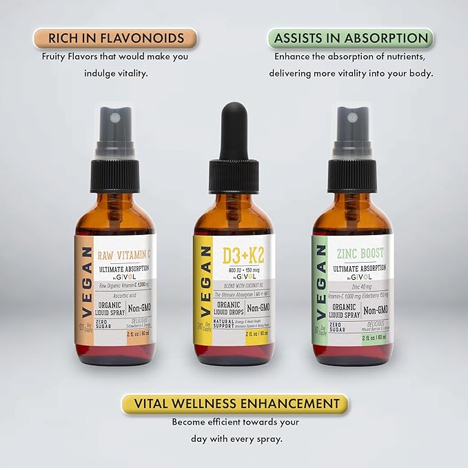 Immunity Support Pack - Raw Vitamin C, D3 & K2 Liquid, Zinc Picolinate - Premium Heart Health Vitamins w/Essential Minerals, Antioxidant Properties, & Cardiovascular Benefits - 180 Days Supply-GlimoraGlow