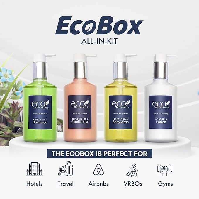 1-Shoppe Eco Botanics 20 Piece Ecobox All-In-Kit | White Tea and Honey Soap | 6 Shampoo, 4 Conditioner, 6 Body Wash & 4 Lotion | 10.14oz Hotel Soaps and Toiletries Bulk | Personal Care Products-GlimoraGlow