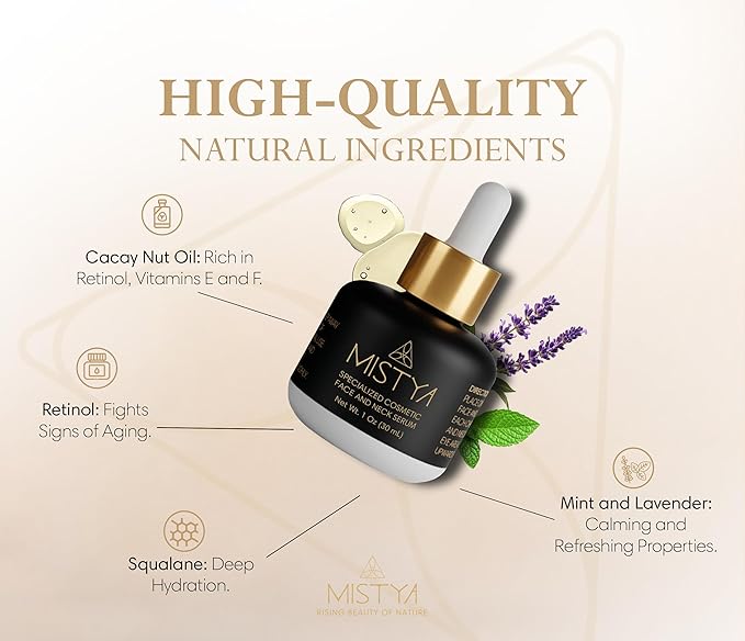 Anti Aging Specialized Face and Neck Serum with Cacay oil, Extra Vitamin E, Lavender and Peppermint Oils, 1 oz, high in retinol.-GlimoraGlow