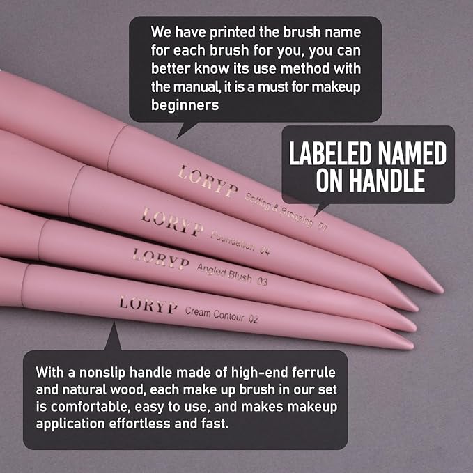 LORYP Makeup Brushes Set Labeled 18 Piece Face and Eye Brush Set Ultra soft hair Foundation, Concealer, Blush, Contour, Blending, Eyeshadow Pink Brush kit-GlimoraGlow