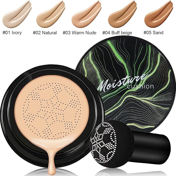 2 PCS Mushroom Head Air Cushion CC Cream Nature Foundation,Foundation Brush Powder Brush,Moisturizing Concealer, Bright Makeup Base Long Lasting with Mushroom Makeup Sponge (2PCS #01 Ivory)-GlimoraGlow