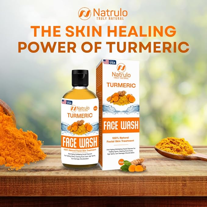 Natrulo Turmeric Face Wash, 4oz Clear Skin Liquid Soap – 100% Natural Anti Aging Exfoliating Turmeric Facial Cleanser for Fading Spots, Clearing Acne Scars, Age Spots, Sun Damage, Discoloration-GlimoraGlow