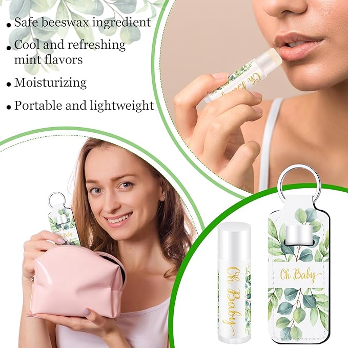 18 Sets Baby Shower Bridal Shower Favors for Guests Bulk Lip Balm and Lipstick Holder Keychains Set Baby Shower Bridal Shower Goodies Bags Thank You Gifts for Guests(Eucalyptus Baby)-GlimoraGlow