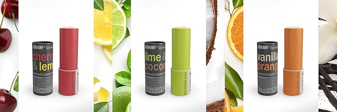 Hurraw! Cherry Lemon, Lime Coconut, and Vanilla Orange Lip Balm 3 Pack Bundle: Plastic-Free with new cardboard push-up tube. Certified Organic, Natural & Vegan. Bee, Shea, Soy & Palm Free. Made in USA-GlimoraGlow