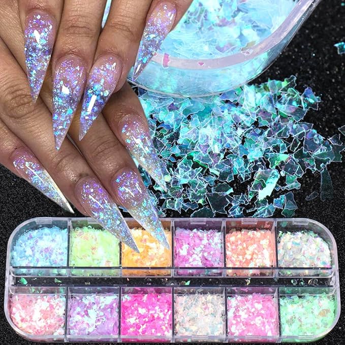 12 Colors Holographic Nail Art Glitter Sequins Iridescent Ice Slag Nail Glitter Laser Nail Art Flakes Colored Fluorescent Glass Paper Nail Sticker Decoration for Face Hand Body Make-Up DIY-GlimoraGlow