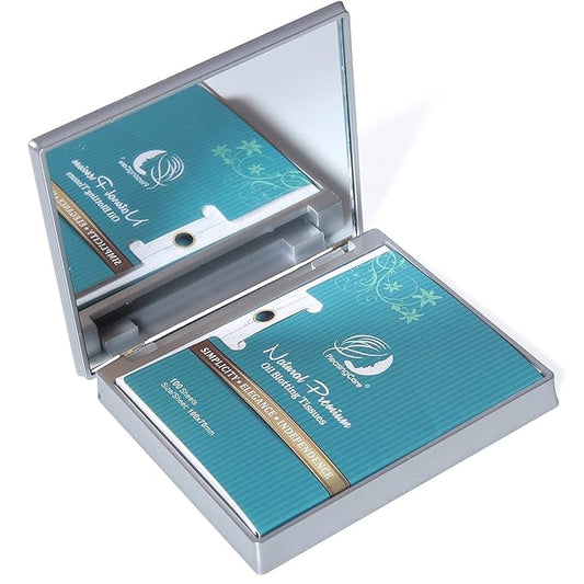 Makeup Mirror with Facial Oil Blotting Paper Sheets - Bamboo Charcoal 100 Counts, Silver Compact Folding Cosmetic Travel Mirror-GlimoraGlow