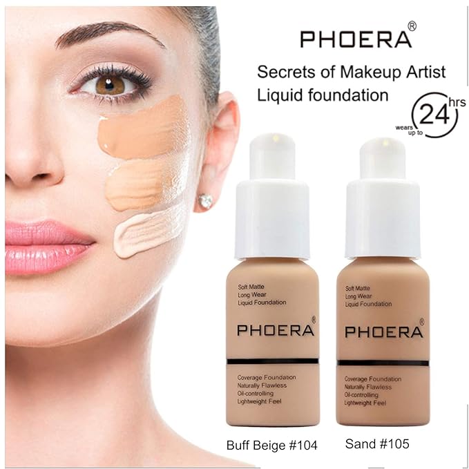 2 Pcs Liquid Foundation Full Coverage 24HR 30ml Matte Oil Control Foundation Makeup Concealer (Buff Beige & Sand) with Kabuki Foundation Brush Flat Top-GlimoraGlow