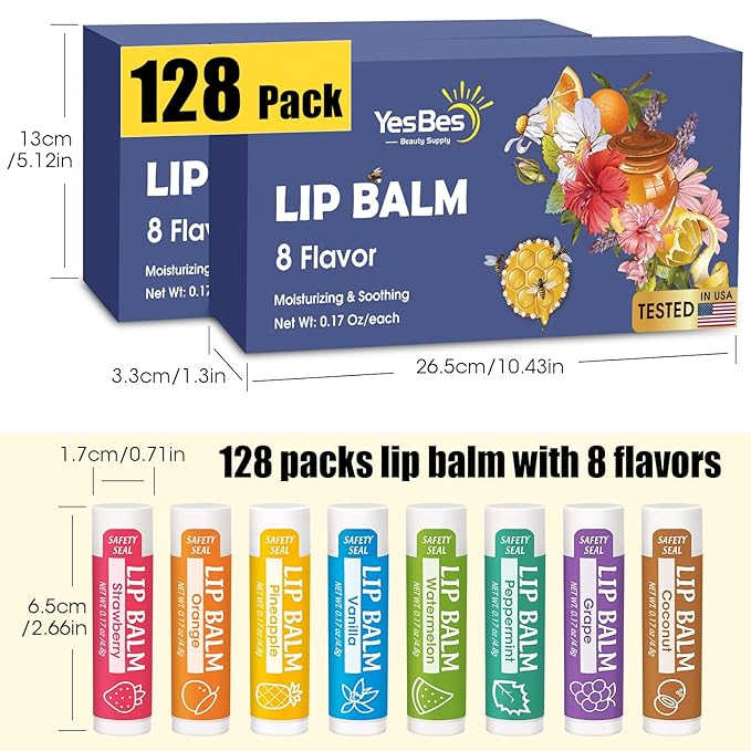 128 Pack Lip Balm, Natural Lip Balm Bulk with Vitamin E and Coconut Oil, Moisturizing Lip Balm for Dry Cracked Lips, Lip Balm for Stocking Stuffers - 8 Flavors-GlimoraGlow