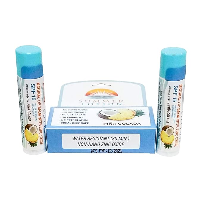 Natural Lip Balm with Zinc Oxide Sunblock by Summer Lotion, SPF 15 Lip Sunscreen 2-Pack, Water Resistant Chapstick, SPF Lip Protection for Everyone, (Pina Colada)-GlimoraGlow