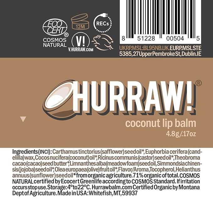 Hurraw! Coconut Lip Balm: Organic, Certified Vegan, Cruelty and Gluten Free. Non-GMO, 100% Natural Ingredients. Bee, Shea, Soy and Palm Free. Made in USA-GlimoraGlow