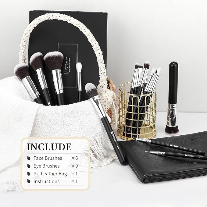 DUcare 15pcs Classic Black Makeup Brush Set with Bag Professional Soft Synthetic Foundation, Blending, Eyeshadow, Powder, Concealer Brushes for Flawless Makeup Application-GlimoraGlow