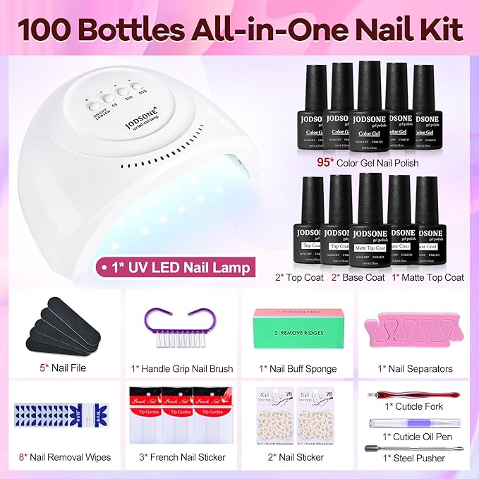 JODSONE 100 PCS Gel Nail Polish Starter Kit with U V Light 95 Colors Macarons Combined with Dark Colors Nail Gel No Wipe Base Coat Top Matte Coat Long Lasting Shine-GlimoraGlow