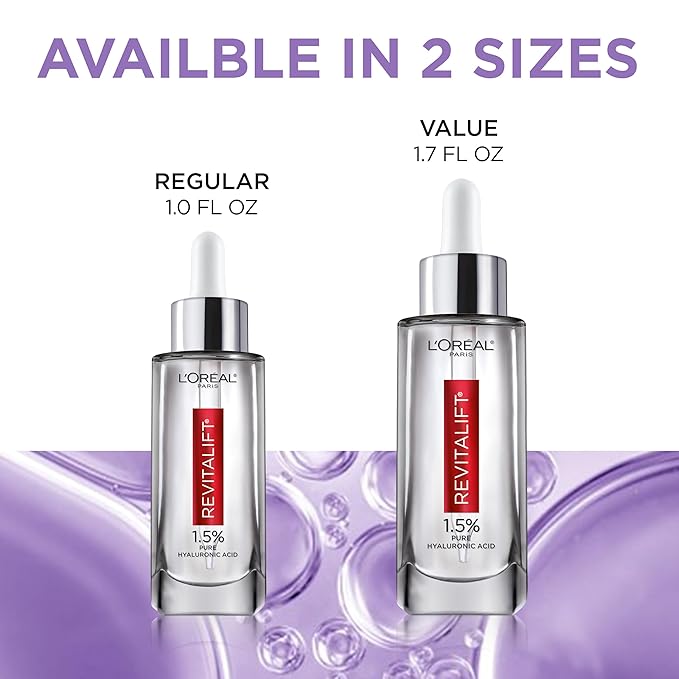 L'Oreal Paris Revitalift 1.5% Pure Hyaluronic Acid Face Serum, Hydrate & Reduce Wrinkles, Fragrance Free 1.7 oz-GlimoraGlow