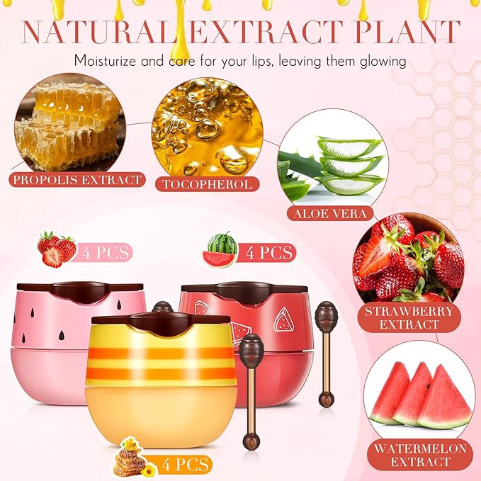 12 Pcs Bee Lip Balm Honey Pot with Brush Propolis Lip Mask Overnight, Moisturizing Hydrating Lip Sleeping Mask Prevention Dry and Cracked(Honey+Strawberry+Watermelon)-GlimoraGlow