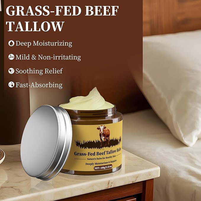 Beef Tallow for Skin, Tallow and Honey Balm, Facial Moisturizer Cream, 100% Organic Grass Fed Whipped Beef Tallow Balm Deeply Moisturizing for Face & Body, Suitable For All Skin Types(3.53oz)-GlimoraGlow