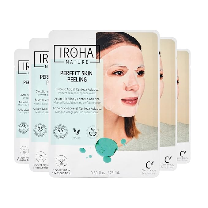 IROHA NATURE Glycolic Acid Peeling Face Mask (Pack of 5) | Skin Perfecting for a Radiant & Smooth Look | Instant Regeneration in Just 15 Minutes | Clean Beauty | 100% Vegan-GlimoraGlow
