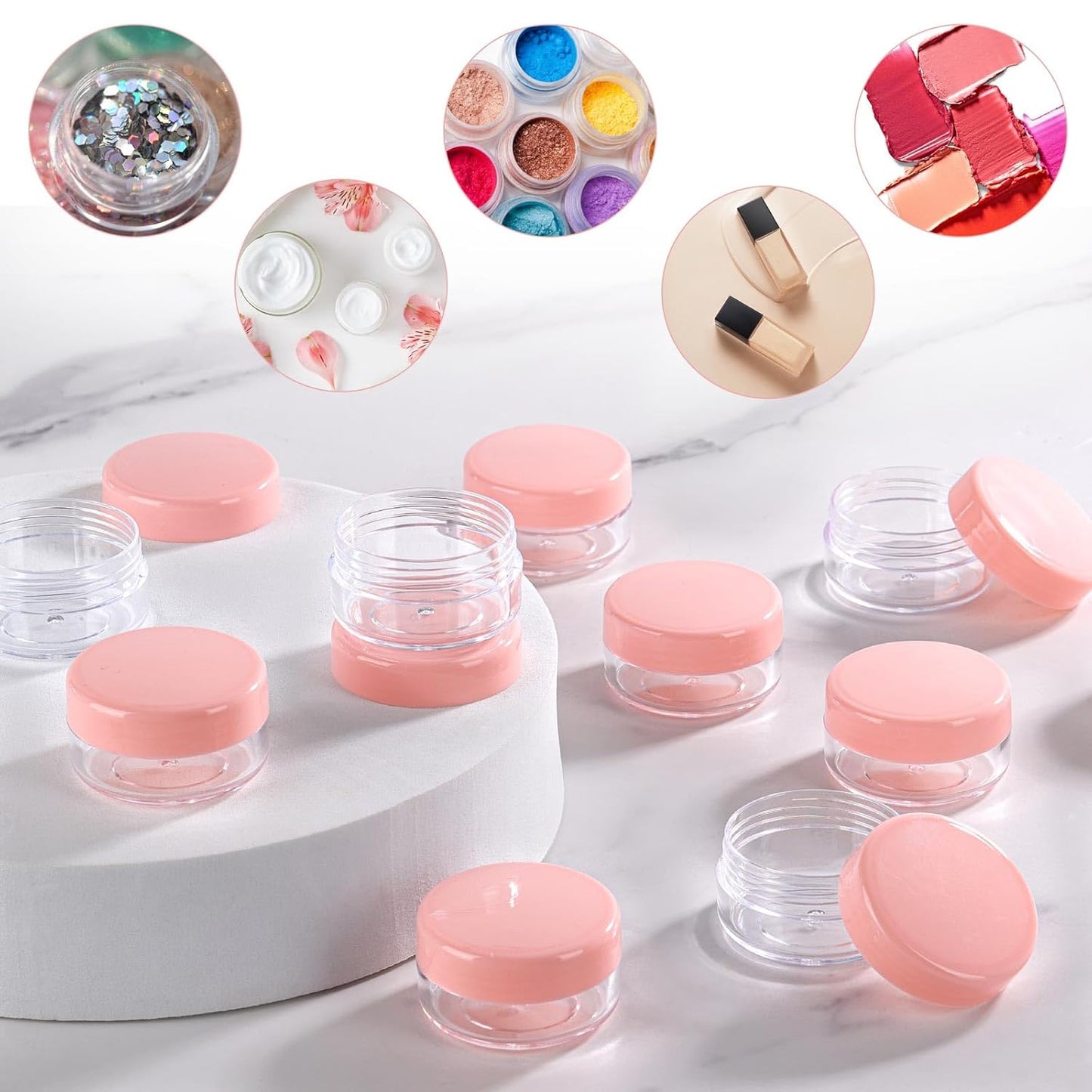 100 Count Sample Containers with Lids, 10 Gram Small Plastic Makeup Jars Lip Scrub Cosmetic Container - Pink-GlimoraGlow
