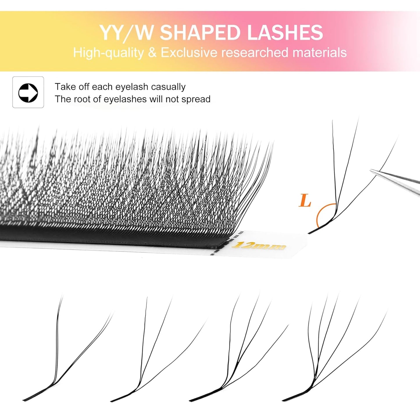 W Lash Extensions 4D Eyelash Extensions W Shape 0.07mm Thickness L Curl 13mm Premade Fans W Lashes Individual Lashes Matte Black 12 Rows False Eyelashes Volume Lashes(W-4D-0.07-L,13mm)-GlimoraGlow