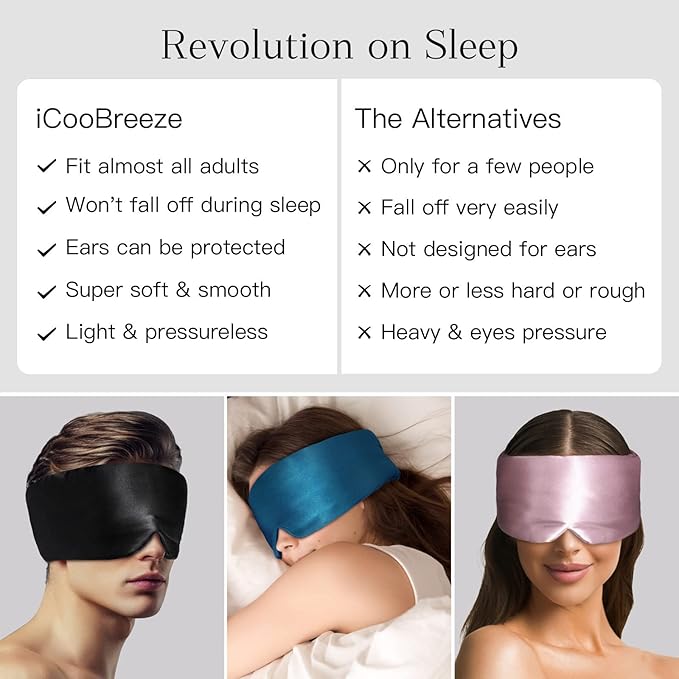 100% Natural Silk Eye Mask for Women Men, Soft Pressureless Cooling Blackout Eye Covers for Sleeping, Large Size Sleep Mask fits All Heads Adjustable, 1PC, Black-GlimoraGlow