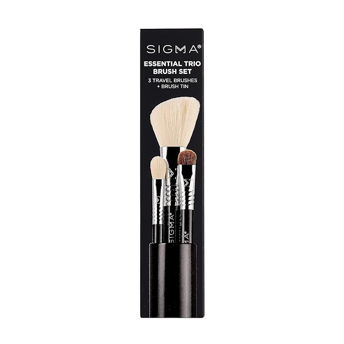 Sigma Beauty Travel Essential Trio - Makeup Brush Set for Foundation Powder Eyeshadow - 3 Tool Brushes with Brush Tin Holder - Skin Safe, Vegan Makeup Brushes for Travel - Black-GlimoraGlow
