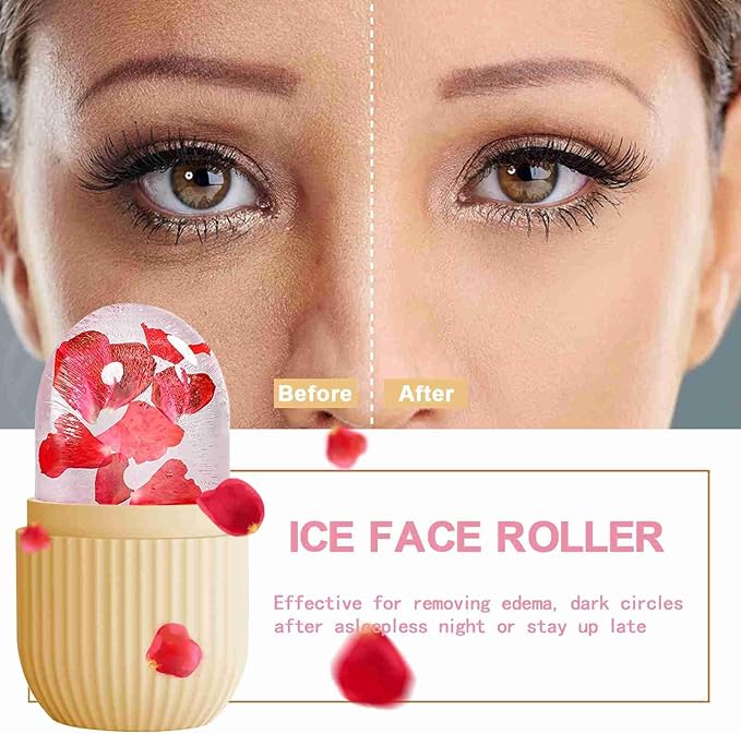 XHJRI Ice Face Roller Massager,Ice Cube Roller for Face, Eyes and Neck Naturally Conditioning and Skin Care,De-Puff Eye Bags,Reduce Migraine Pain,Reusable Massage Silicone Ice Mold (Beige)-GlimoraGlow