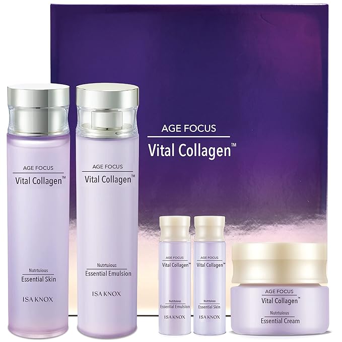 ISA KNOX AGE FOCUS VITAL COLLAGEN SKINCARE GIFT SET - Korean Luxury Premium High-end Skin Toner, Emulsion Lotion, Cream, Hydrolyzed Collagen, Vitamin B12, E, C, (370ml / 12.51 Fl Oz)-GlimoraGlow