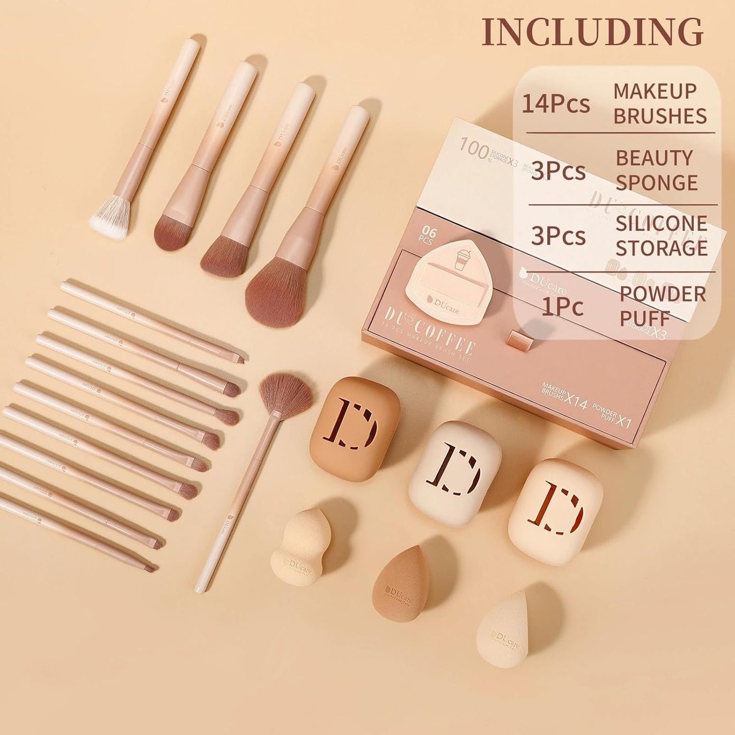 DUcare Makeup Brushes Set 14Pcs Coffee Series Makeup Brush set with Makeup Sponges Gifts Foundation Blending Face Powder Blush Eye Shadows Brushes-GlimoraGlow