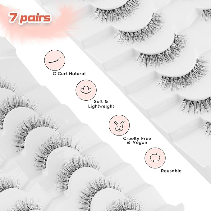 Natural Lashes False Eyelashes 12 MM Short Lashes WIspy 3D Volume Fake Eyelashes Pack C Curl Soft Eye Lash with Thin Cotton Band 7 Pair False Lashes Siligli-GlimoraGlow