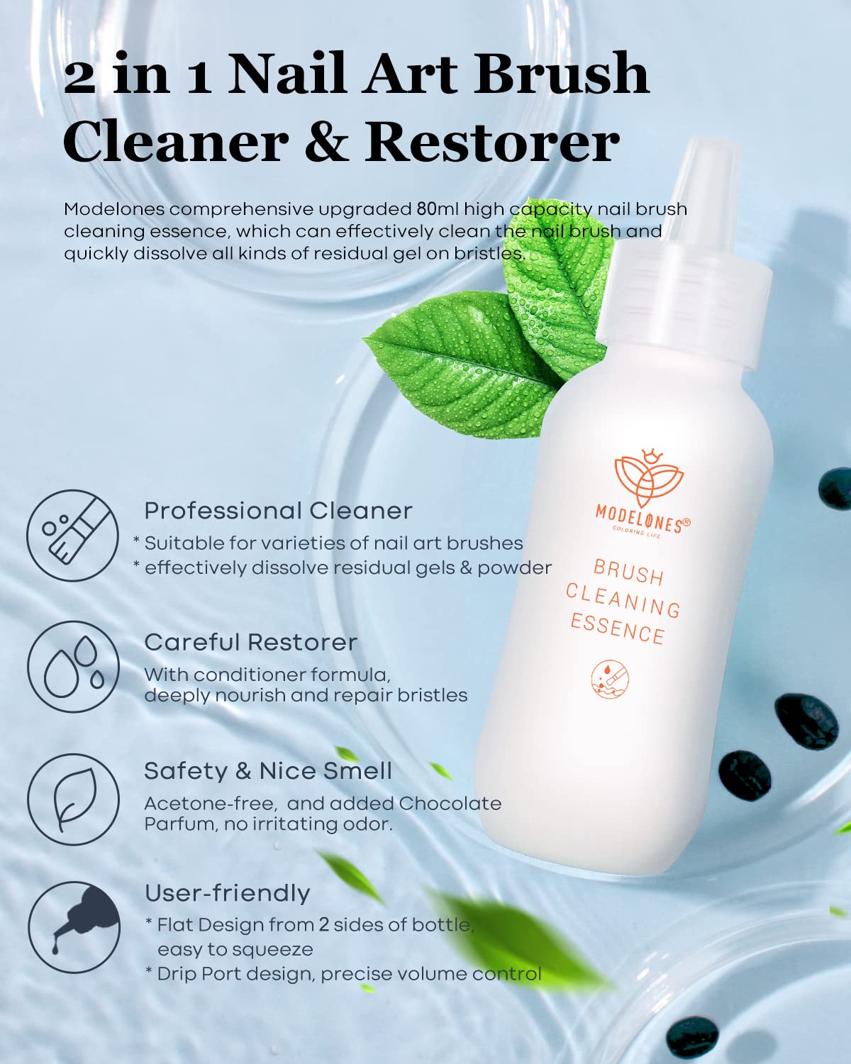 Modelones Nail Art Brush Cleaner & Restorer for Nail Polish/Extension Gel/Solid Builder Gel/Dip Powder/Acrylic Manicure Kits DIY Salon at Home - 80ml, W/Pro Brush-GlimoraGlow