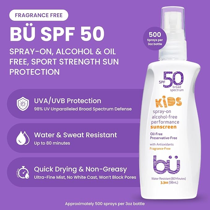 BU SPF 50 Fragrance Free Kids Sunscreen Spray for Face and Body, TSA Travel Size Sunscreen, Clear Non Aeorsol Spray, Non Greasy, Water Resistant and Oil Free, 3.3 oz (3-pack)-GlimoraGlow