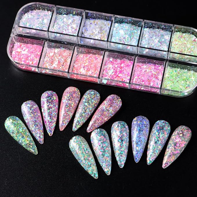 12 Colors Mermaid nail art glitter sequins Iridescent Ice Slag nail glitter flakes Ultra Thin Nail Art Designs 3D holographic nail sequins for Nail Art Supplies Manicure Decoration Accessories-GlimoraGlow