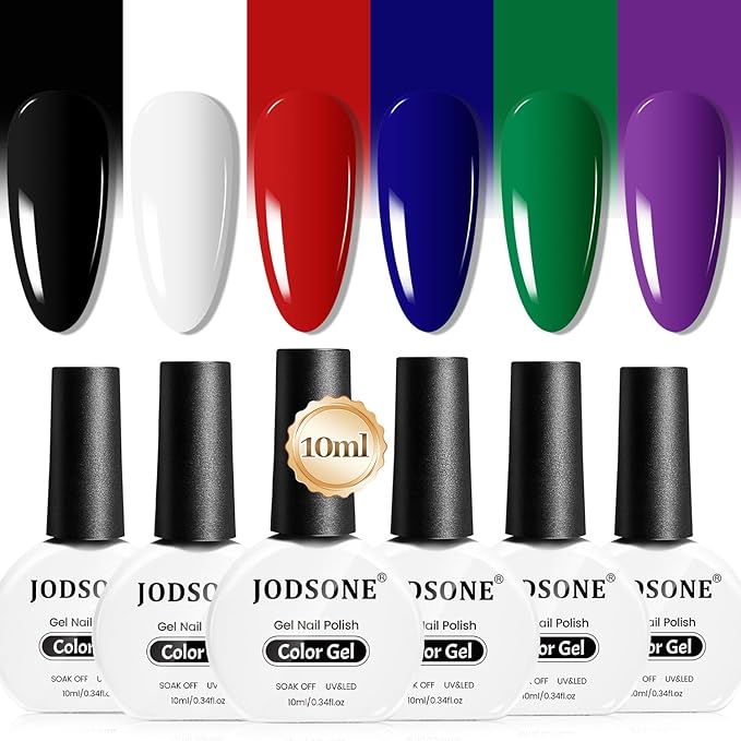 JODSONE 10ml Gel Nail Polish Set 6Colors Black White Red Deep Blue Dark Green Deep Purple All Seasons Neutral Soak Need U V/LED Lamp Curing-GlimoraGlow