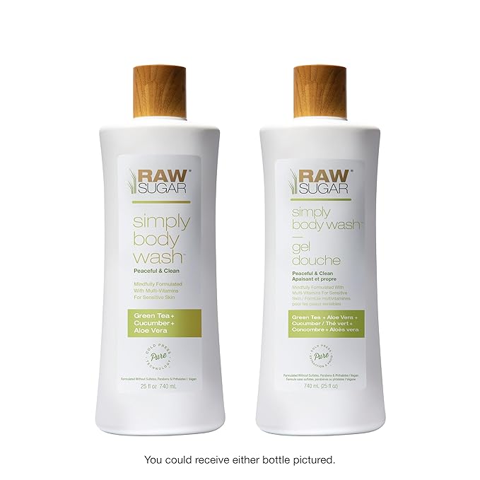 RAW SUGAR Sensitive Skin Simply Body Wash - Green Tea + Cucumber + Aloe Vera, Moisturizing & Brightening Bath & Shower Gel, Sulfate-Free, Paraben-Free & Vegan (Pack of 3)-GlimoraGlow