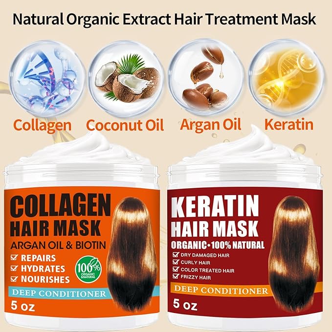 2 Pack Collagen Hair Mask & Keratin Hair Mask,Keratin Hair Treatment,Hydrating Argan Oil Hair Repair Treatment Deep Conditioner Hair Mask for Dry Hair,Collagen with Biotin Hair Treatment Mask-GlimoraGlow