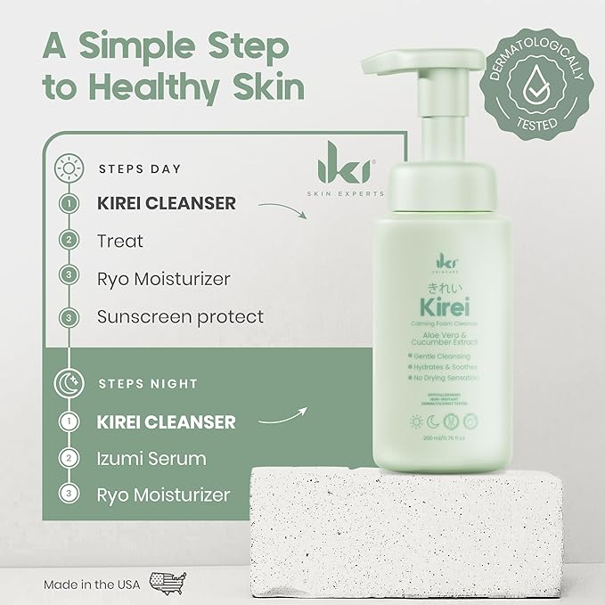 KIREI Foam Cleanser - Gentle Face Wash for Women with Aloe Vera & Cucumber Extract, Hydrating & Soothing, Dermatologically Tested, Suitable for Sensitive Skin, Paraben-Free-GlimoraGlow