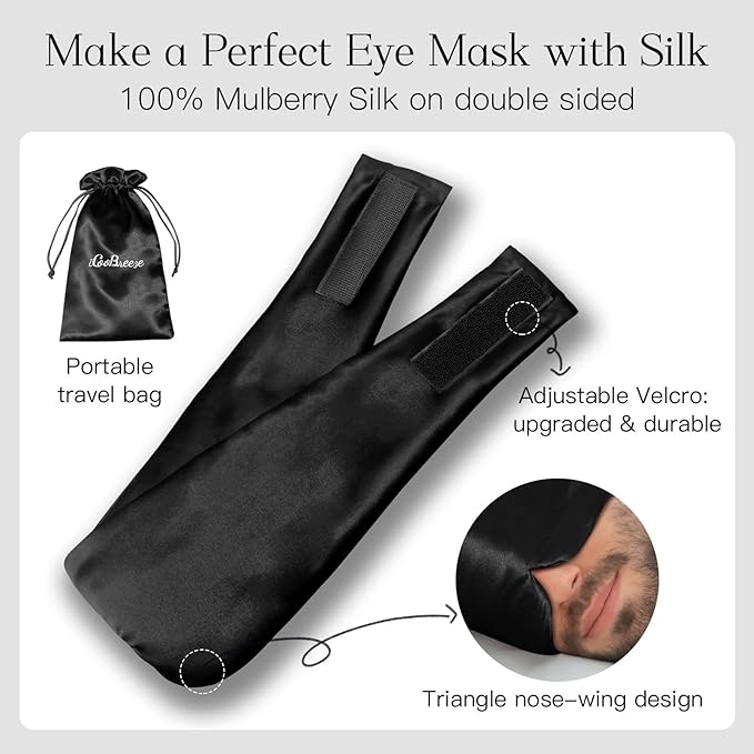 100% Natural Silk Eye Mask for Women Men, Soft Pressureless Cooling Blackout Eye Covers for Sleeping, Large Size Sleep Mask fits All Heads Adjustable, 1PC, Black-GlimoraGlow