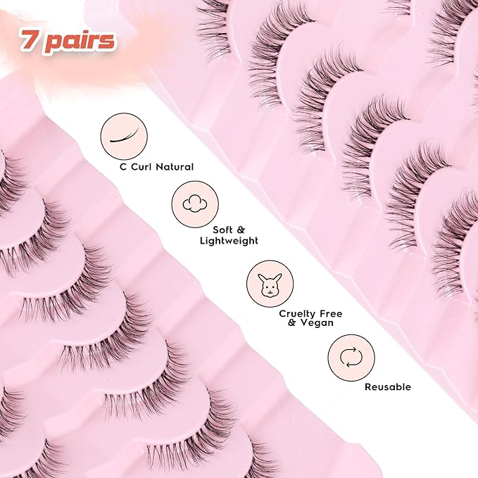 Eyelashes Natural False Lashes 14mm Eye Lashes with Thin Band 3D Volume Fake Eyelashes C Curl Wispy Lashes Natural Look 7 Pair-GlimoraGlow