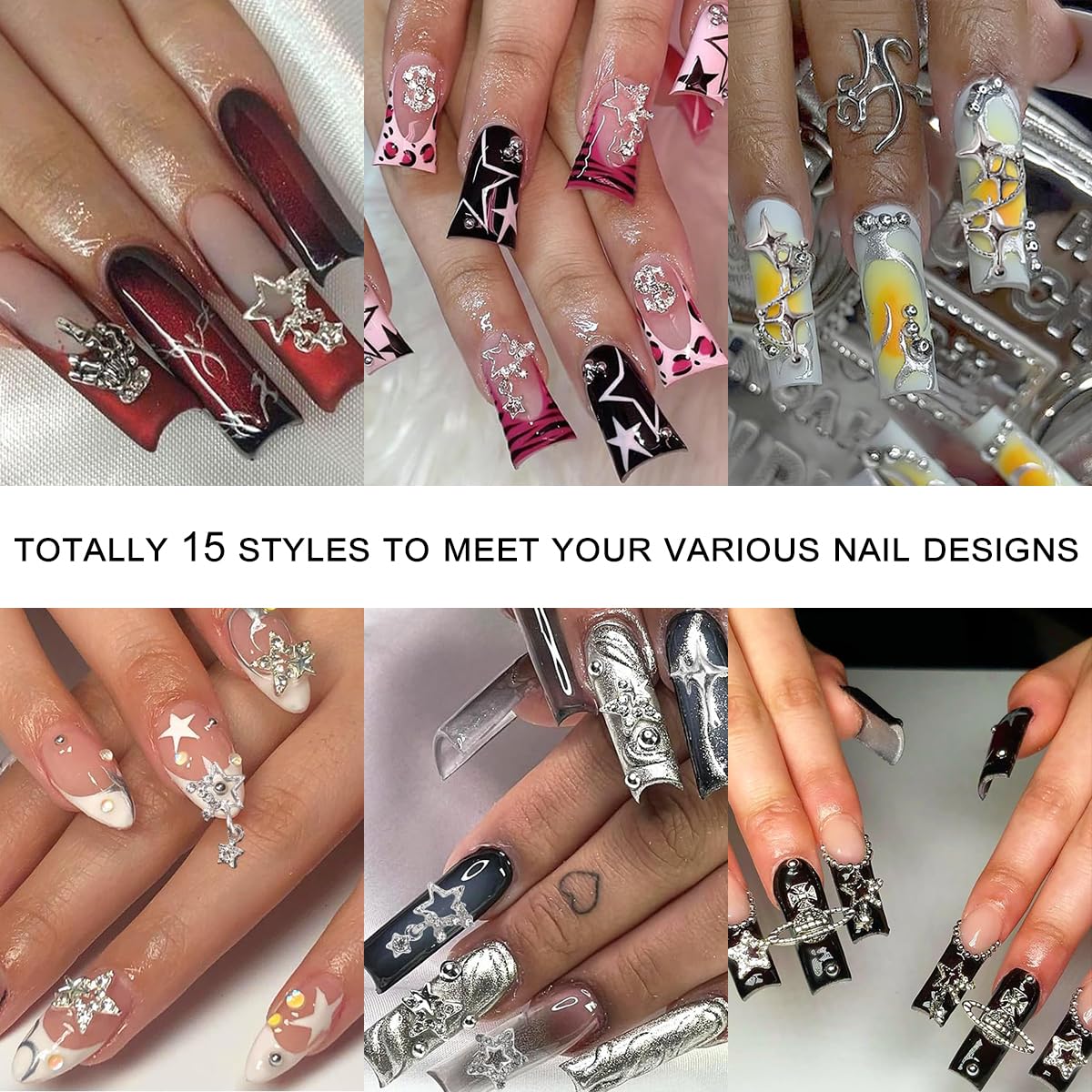 120+ Pcs Star Nail Charms Inlaid Rhinestones Gems, Silver Star Planet Cross Nail Art Decorations Shiny Jewelry for Acrylic Nail Accessories for Women Girl Manicure DlY Crafts Supplies-GlimoraGlow