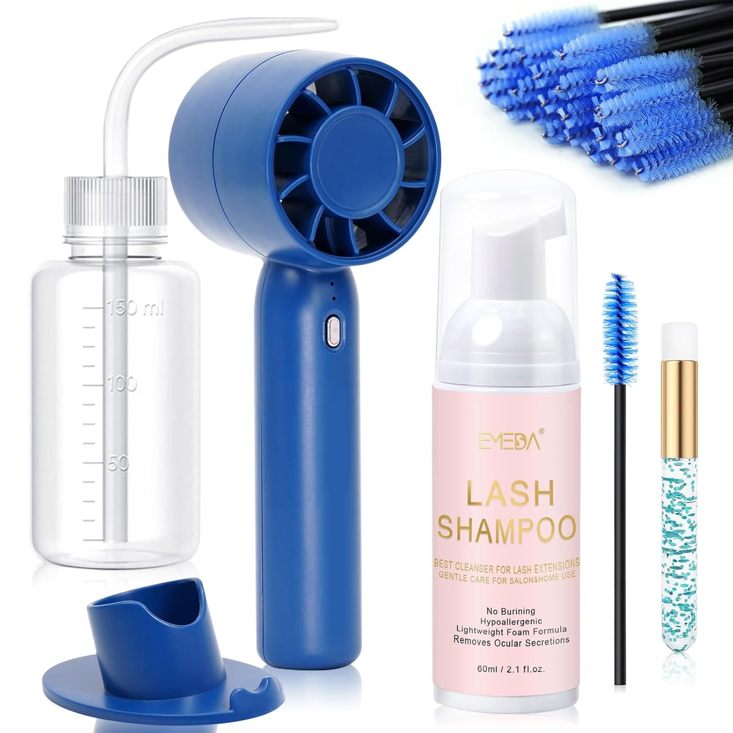 EMEDA Lash Shampoo Kit 2.02 fl oz Lash Cleaning Kit with Rechargeable Fan Dryer/Brush/Rinse Bottle, Oil-free Cleanser Wash for Extensions & Clusters & Natural Lashes, Cleaner for Eyelash Care(Blue)-GlimoraGlow