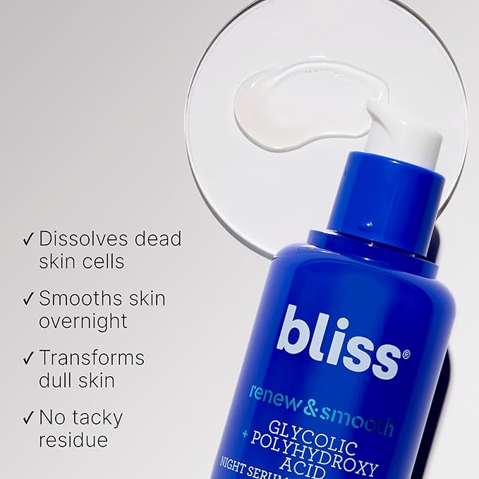 Bliss Glycolic + Polyhydroxy Acid Renew & Smooth - Night Serum - Gently Exfoliate Skin - Hydrating Squalane - Vegan & Cruelty-Free - 1 Fl Oz-GlimoraGlow