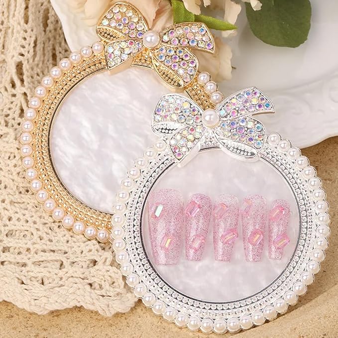 2 Pack Bow with Rhinestones Pearl Nail Art Palette Nail Polish Art Painting Mixing Palette Holder Pearl Edge Professional Cosmetic Nail Art Tools for Women and Girls Nail Polish Display-GlimoraGlow