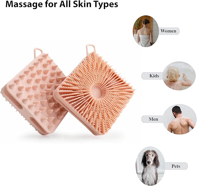2 PC Silicone Exfoliating Body Scrubber, Silicone Body Shampoo Brush, Soft Silicone Loofah for Sensitive Skin, Shower Silicone Hair Scalp Massager, Easy to Clean, Lather Well(Gray&Pink)-GlimoraGlow